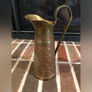 unique vintage hammered copper and brass vase pitcher 10.5x6”